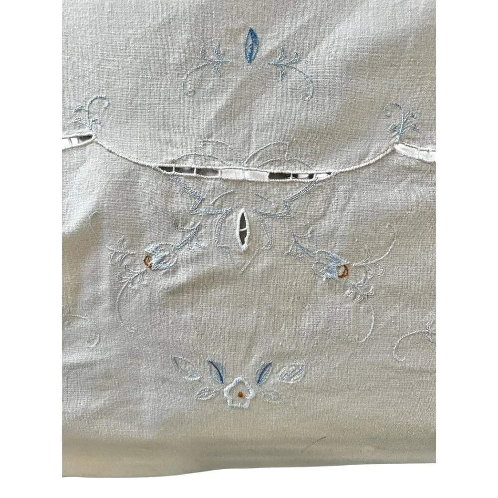 Embroidered Tablecloth With Blue Floral Cutwork Crocheted Inserts Vintage